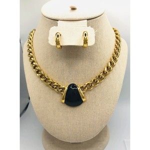 Vintage Monet Dark Blue Enamel Gold Tone Necklace & Monet Earrings~Signed